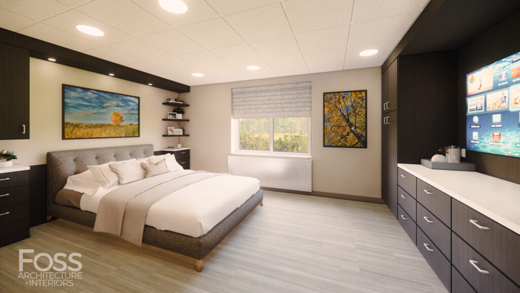 A rendering of the spacious accommodations in the memory care unit currently under construction at LifeCare Roseau Manor.